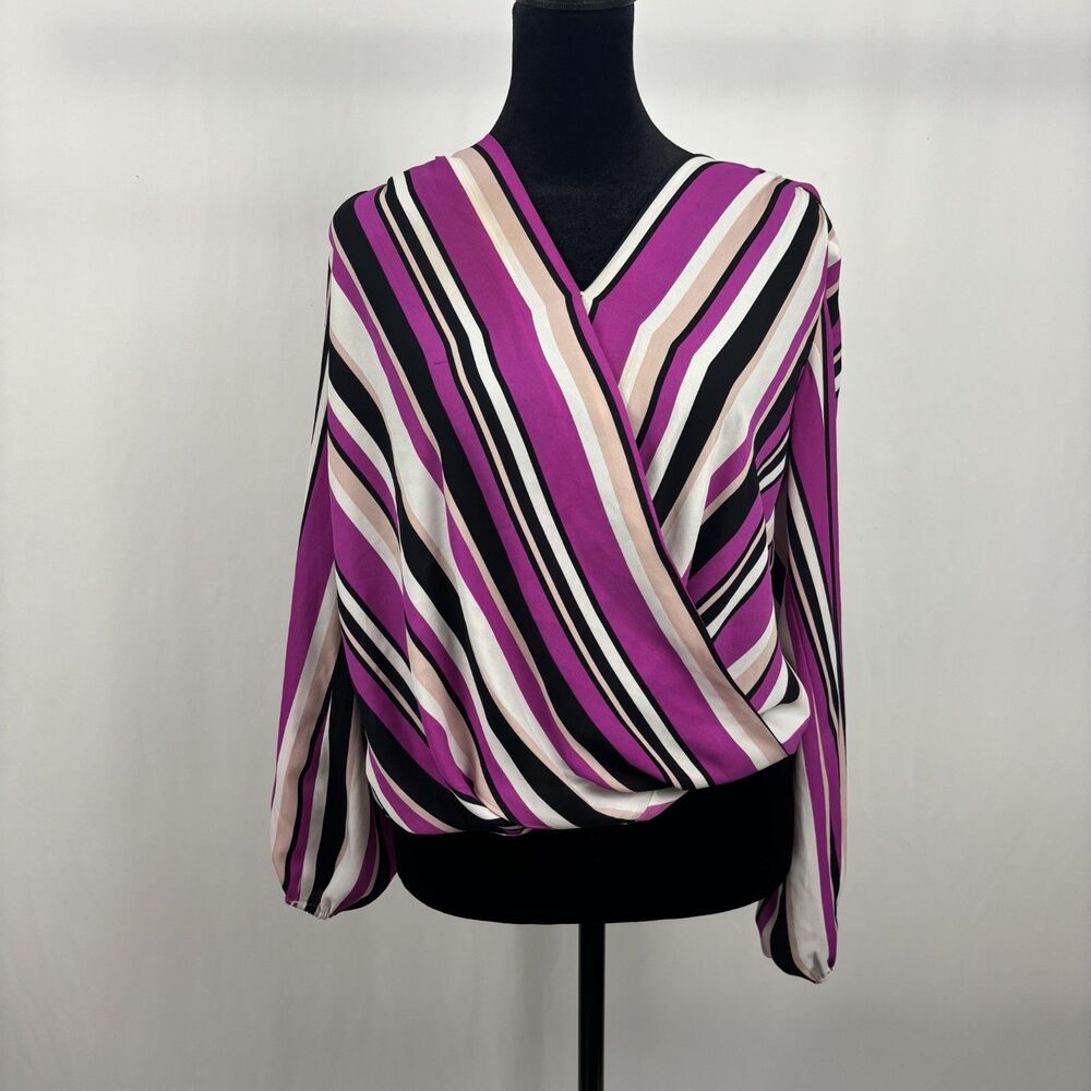 INC Magenta Black Stripe Surplice Blouse XS
